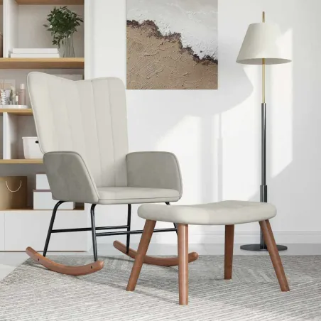 Chaise à bascule avec repose-pied Blanc crème Velours