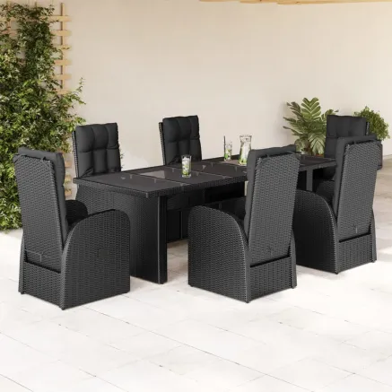 Ensemble à manger de jardin coussins 7 pcs noir résine tressée