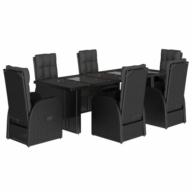 Ensemble à manger de jardin coussins 7 pcs noir résine tressée