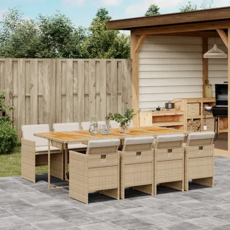 Ensemble à manger de jardin et coussins 9 pcs beige Poly rotin