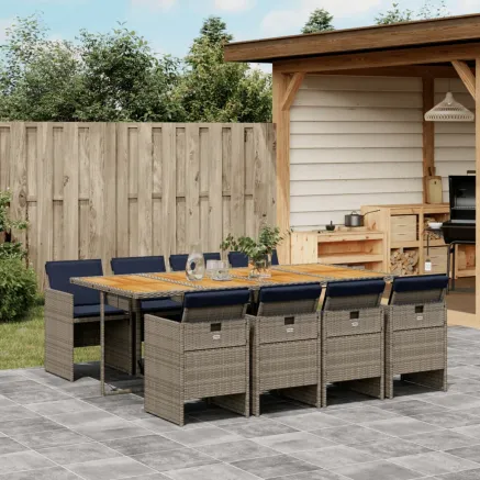 Ensemble à manger de jardin 9 pcs coussins gris résine tressée