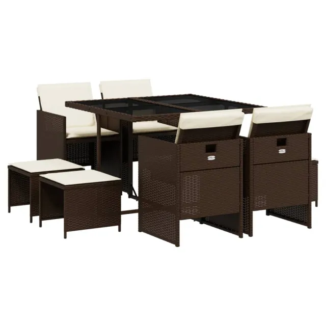 Ensemble à manger de jardin et coussins 9 pcs marron poly rotin