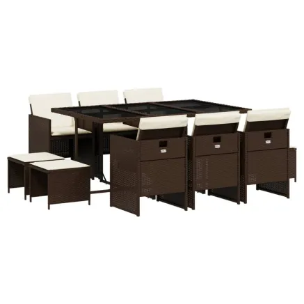 Ensemble à manger de jardin et coussins 11 pcs marron rotin 2