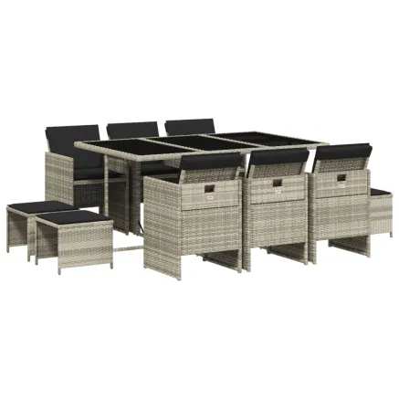 Ensemble à manger de jardin 11pcs avec coussins gris poly rotin 2