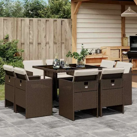 Ensemble à manger de jardin et coussins 9 pcs marron poly rotin