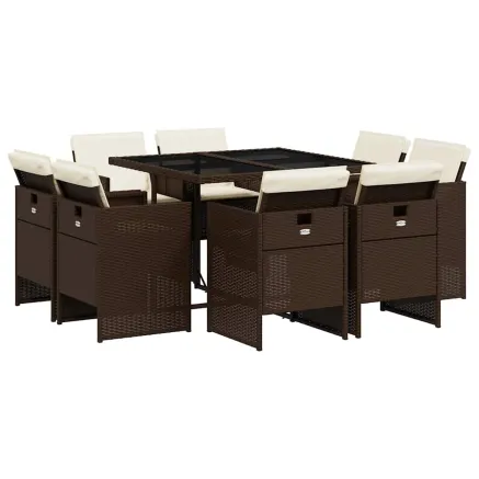 Ensemble à manger de jardin et coussins 9 pcs marron poly rotin 2