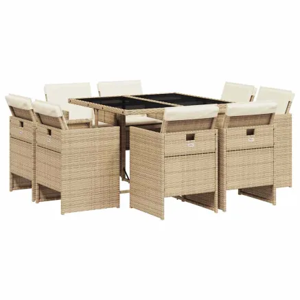 Ensemble à manger de jardin et coussins 9 pcs beige Poly rotin 2