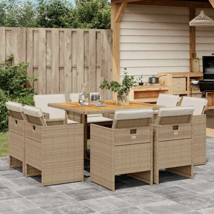 Ensemble à manger de jardin et coussins 9 pcs beige Poly rotin