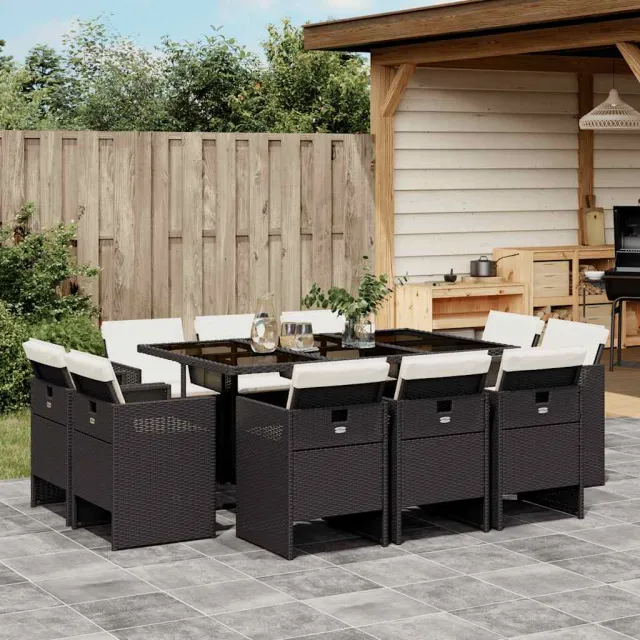 Ensemble à manger de jardin 11 pcs coussins noir résine tressée