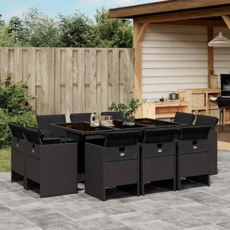 Ensemble à manger de jardin 11 pcs coussins noir résine tressée