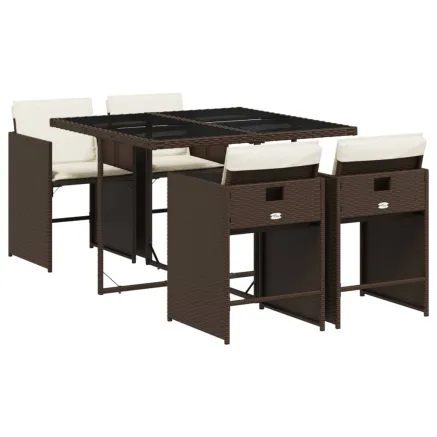 Ensemble à manger de jardin 5 pcs et coussins marron poly rotin 2