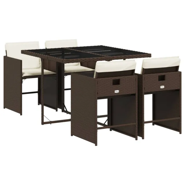 Ensemble à manger de jardin 5 pcs et coussins marron poly rotin