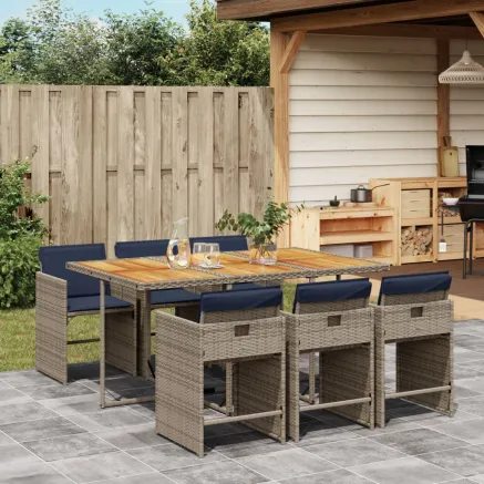 Ensemble à manger de jardin 7 pcs coussins gris résine tressée