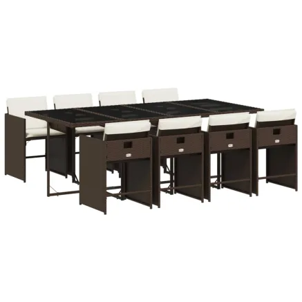 Ensemble à manger de jardin et coussins 9 pcs marron poly rotin 2