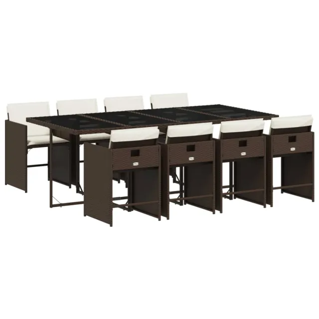 Ensemble à manger de jardin et coussins 9 pcs marron poly rotin