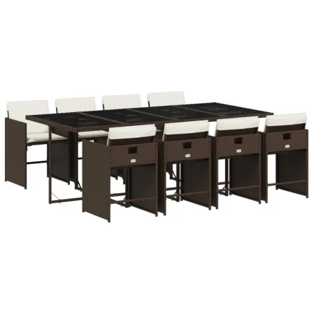 Ensemble à manger de jardin et coussins 9 pcs marron poly rotin