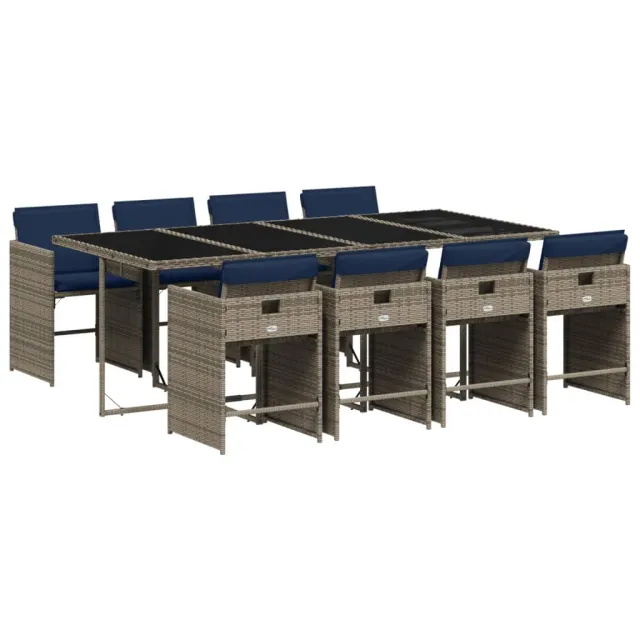 Ensemble à manger de jardin 9 pcs coussins gris résine tressée