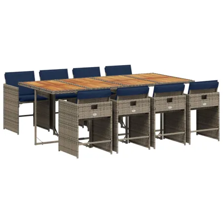 Ensemble à manger de jardin 9 pcs coussins gris résine tressée