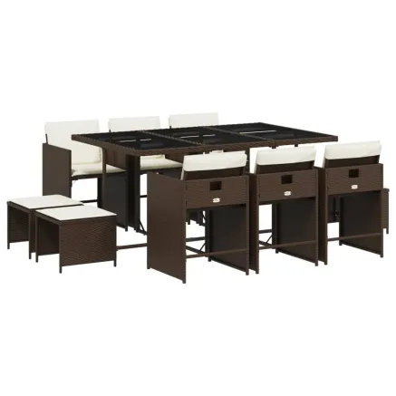 Ensemble à manger de jardin et coussins 11 pcs marron rotin 2