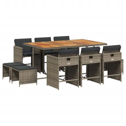 Ensemble à manger de jardin 11pcs avec coussins gris poly rotin 2