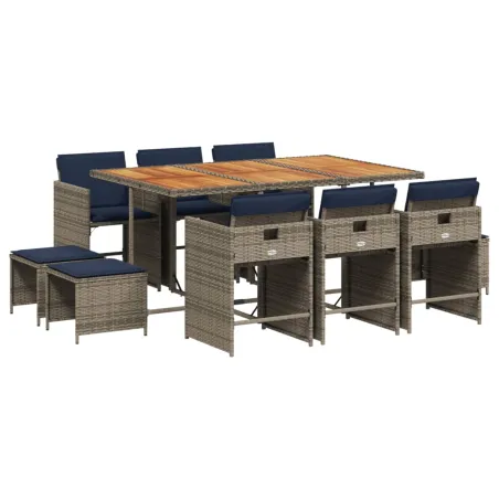 Ensemble à manger de jardin 11 pcs coussins gris résine tressée