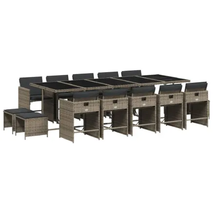 Ensemble à manger de jardin 15 pcs coussins gris résine tressée 2