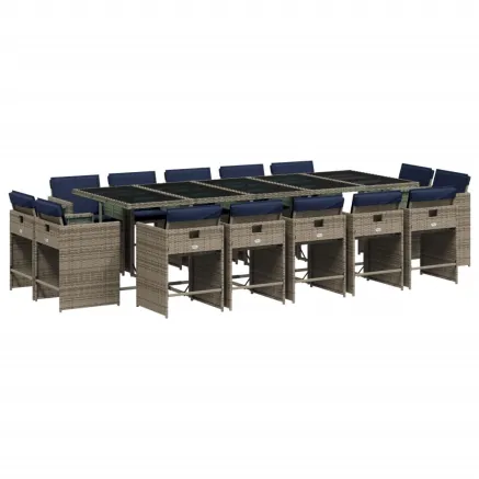 Ensemble à manger de jardin 15 pcs coussins gris résine tressée 2