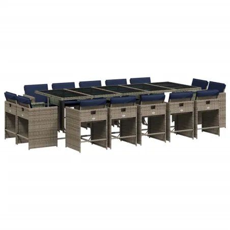 Ensemble à manger de jardin 15 pcs coussins gris résine tressée