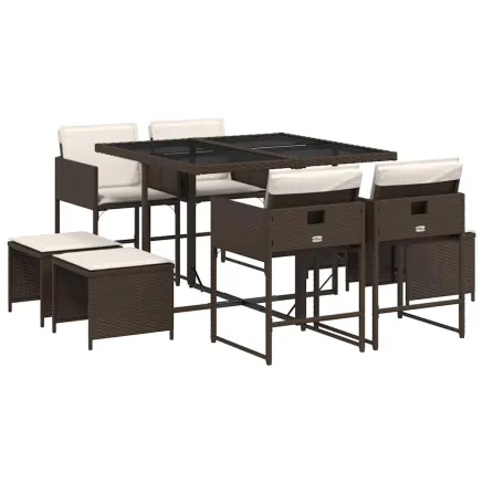 Ensemble à manger de jardin et coussins 9 pcs marron poly rotin 2