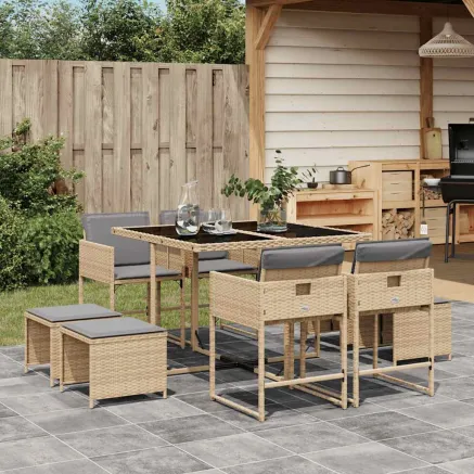 Ensemble à manger de jardin et coussins 9 pcs mélange beige