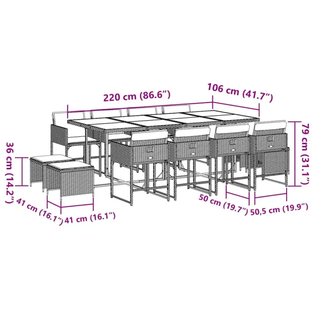 Ensemble à manger de jardin et coussins 13 pcs gris clair rotin