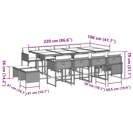 Ensemble à manger de jardin et coussins 13 pcs gris clair rotin