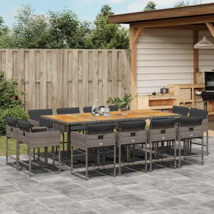 Ensemble à manger de jardin coussins 13 pcs gris résine tressée