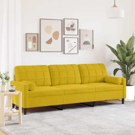 Canapé 3 places avec oreillers décoratifs jaune 210 cm velours