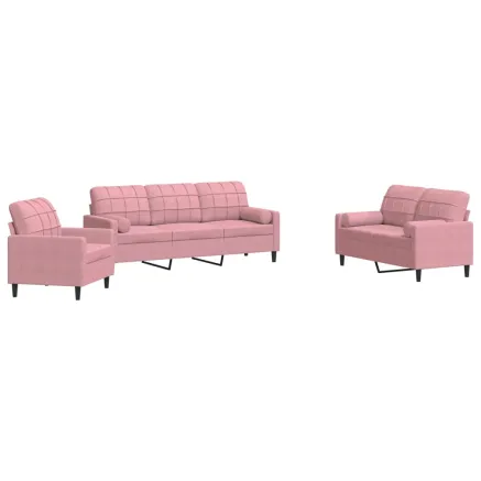 Ensemble de canapés 3pcs et coussins et traversins rose velours 2
