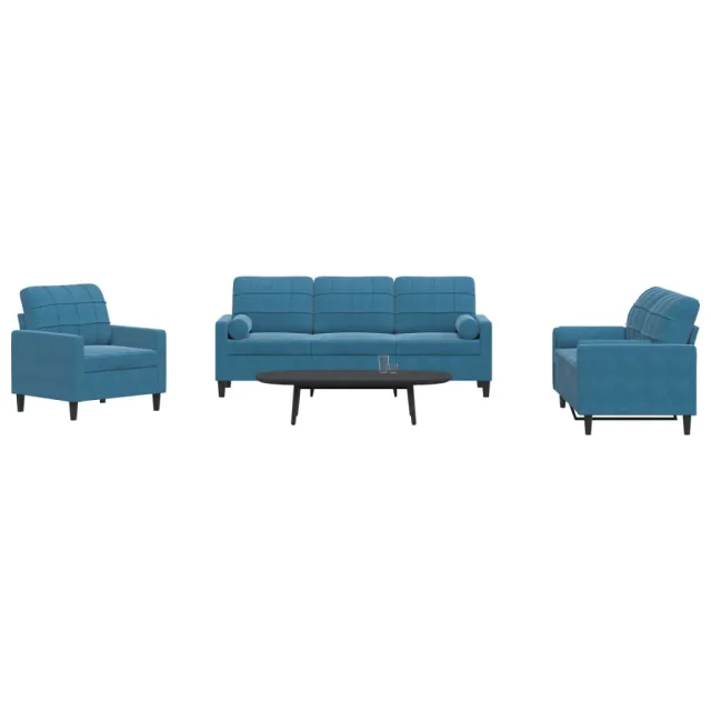Ensemble de canapés 3pcs et coussins et traversins bleu velours