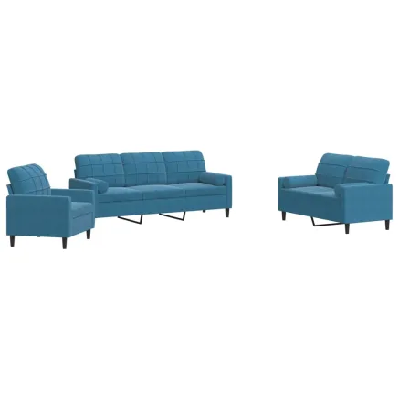 Ensemble de canapés 3pcs et coussins et traversins bleu velours 2