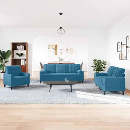 Ensemble de canapés 3pcs et coussins et traversins bleu velours