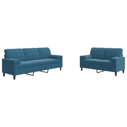 Ensemble de canapés 2pcs et coussins et traversins bleu velours 2