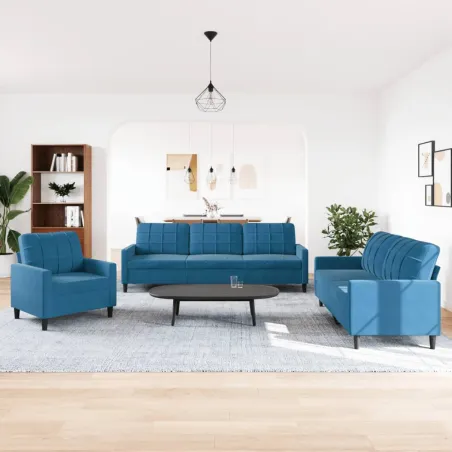 Ensemble de canapés 3 pcs avec coussins Bleu Velours