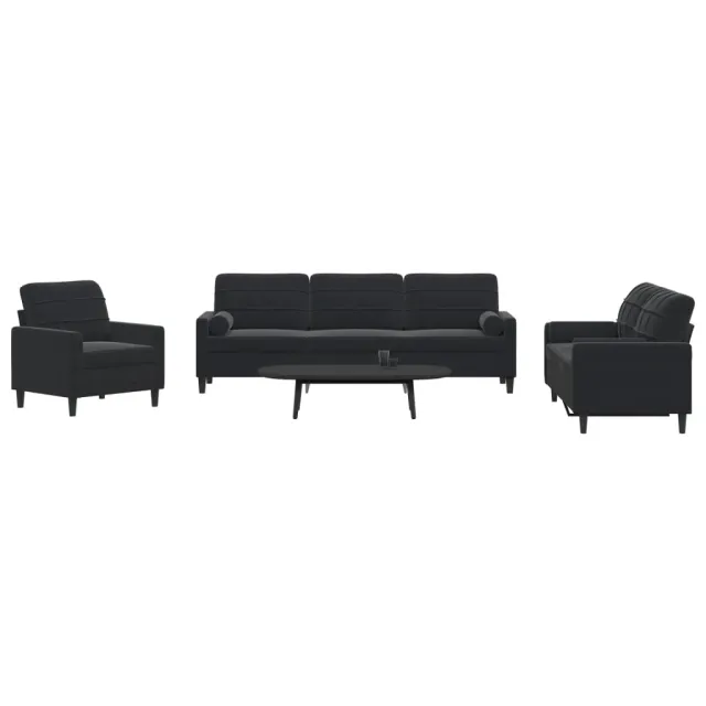 Ensemble de canapés 3pcs et coussins et traversins noir velours