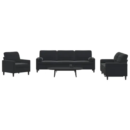 Ensemble de canapés 3pcs et coussins et traversins noir velours