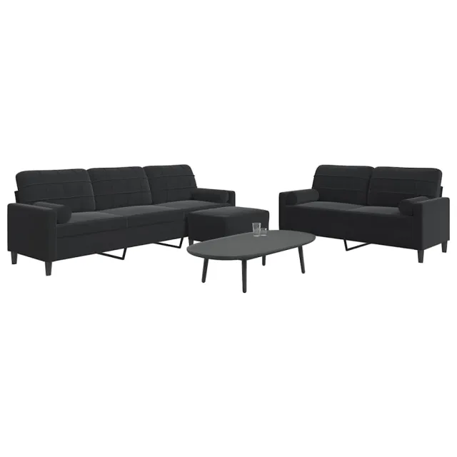 Ensemble de canapés 3pcs et coussins et traversins noir velours