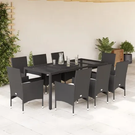 Ensemble à manger de jardin et coussins 9 pcs noir rotin verre