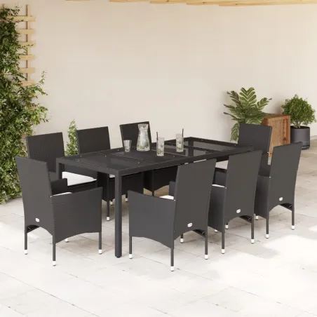 Ensemble à manger de jardin et coussins 9 pcs noir rotin verre