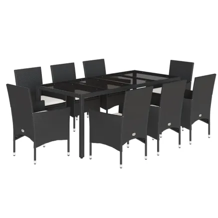 Ensemble à manger de jardin et coussins 9 pcs noir rotin verre 2