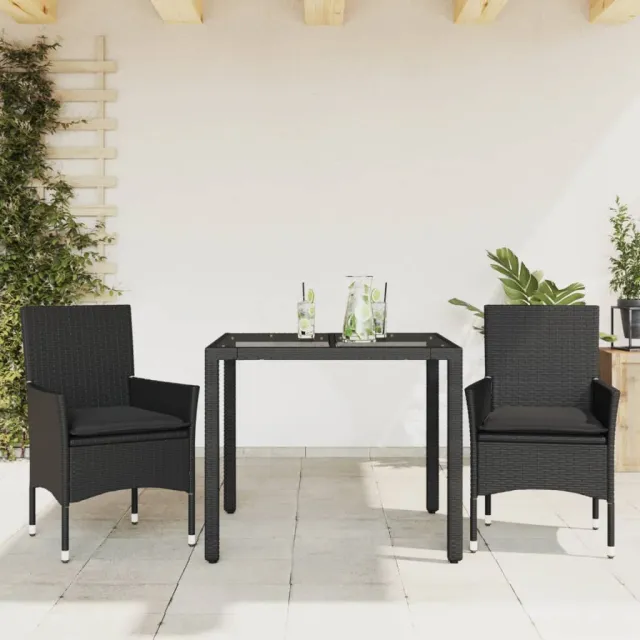 Ensemble à manger de jardin et coussins 3 pcs noir rotin verre