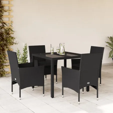 Ensemble à manger de jardin et coussins 5 pcs noir rotin verre