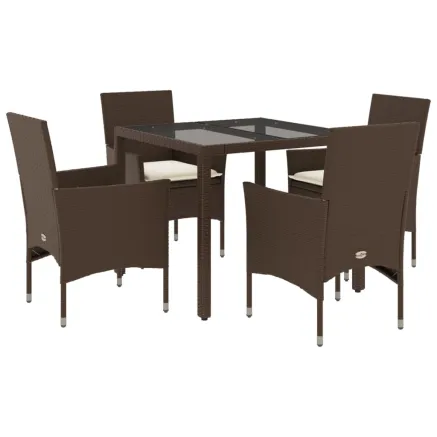 Ensemble à manger de jardin et coussins 5pcs marron rotin verre 2