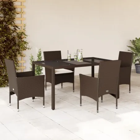 Ensemble à manger de jardin et coussins 5pcs marron rotin verre